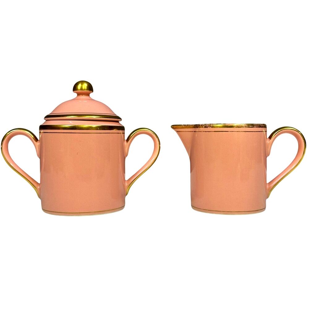 Fitz & Floyd Rare Pavillion Peach Coral Retired 1987-1988 Creamer/Sugar Bowl/Lid
